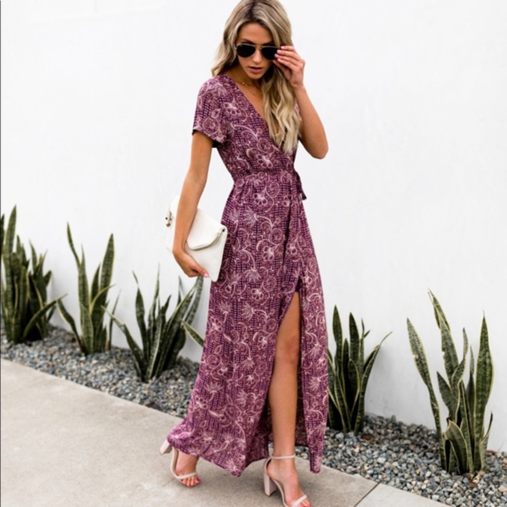 Vici Verdot Vines Bardot Wrap Maxi Dress